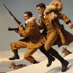 two men in uniform carrying guns while running through the snow,two men dressed in uniform with guns are on the snow