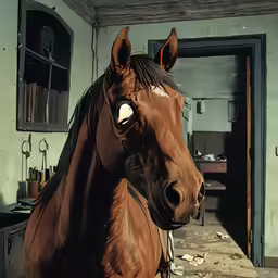 a horse with headlamps sitting in a wooden stable
