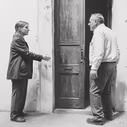 a couple of people are standing in front of a door
