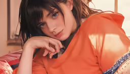 young woman in an orange dress leaning her elbow on her elbow