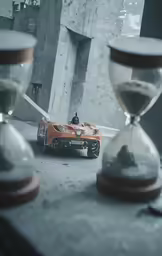 two hourglasses are shown near a racing car