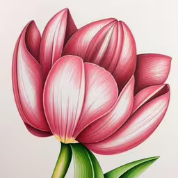 a pink flower with some green leaves in it,a drawing of pink flower in color,painting a pink flower with green leaves on a white paper,a drawing of a pink tulip in pastel pencils,a drawing of a beautiful pink flower with leaves