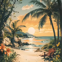 a painting of a beach with rocks and palm trees