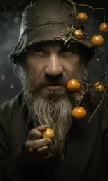 a man with beard and hat holding fruit