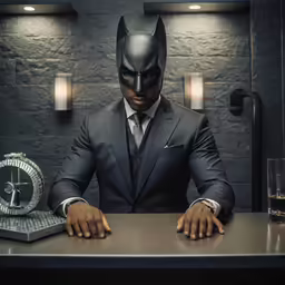 a black man dressed in a batman costume sits at a desk with a clock and a drink