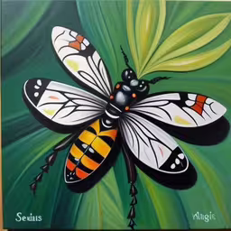 a painting of a large, colorful insect sits on a green leaf,painting on canvas with large white yellow black and orange bugs