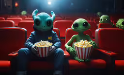 an alien couple with popcorns in a theater,aliens are seated on the red seats of a theatre