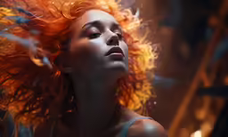 a young red haired woman with a firey flowing hair