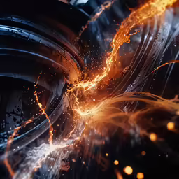 a pair of black, orange and silver wheels with bright sparks flying in front
