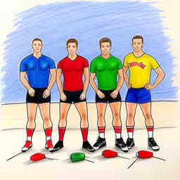 a drawing of five men standing in front of a beach,three men wearing soccer uniforms are standing beside the colored balls