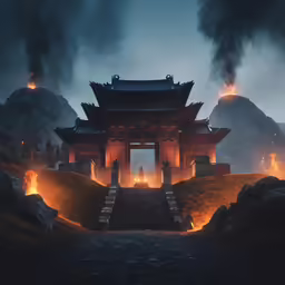 a fire burning in front of an asian temple