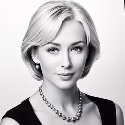 a black and white photo of a lady wearing pearls