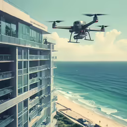 a black and white photo of a flying remote controller helicopter over the ocean