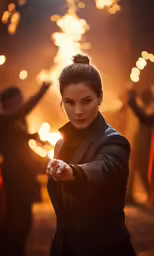 a woman is holding out her hand with sparklers