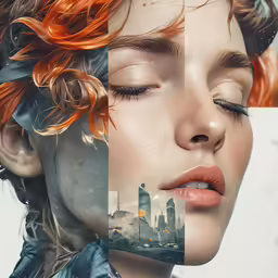 a woman with orange hair has two pictures of her face