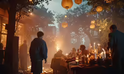 a group of people standing around a table filled with candles