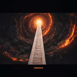 a fireball is shown above the white staircase that leads up to a large black spiral
