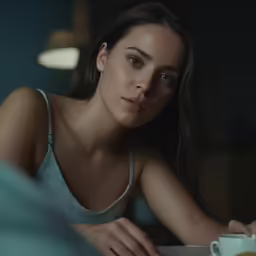 a woman sitting at a table next to a cup of coffee