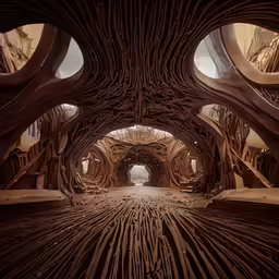 a unique, wooden walkway features arches and wavy wooden designs