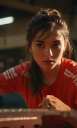 a woman in red sitting next to an electronic device