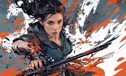 a woman with an orange stroke and black wings holding a sword