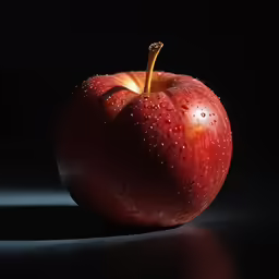 a shiny red apple is lit by the light coming through it