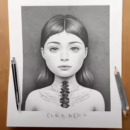 a pencil drawing of a girl with big breast and chest necklace