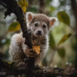 a young white wolf cub sits on a branch