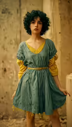 woman in green dress with yellow ribbon around neck