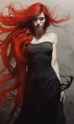 a woman with red hair standing next to a wall