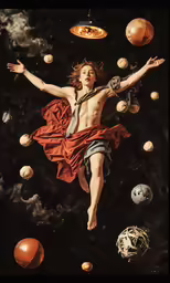 a painting of a man floating with many objects