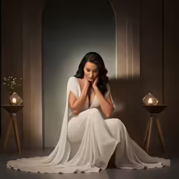 woman in white sitting in front of candle lit archway