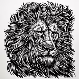 a drawing of a lion in black ink,a black and white lion with long manes