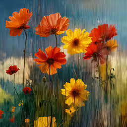 a close up of flowers in the rain,a photo of flowers and rain drops falling