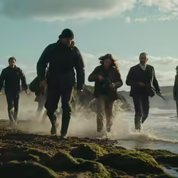 a group of people that are walking in the water
