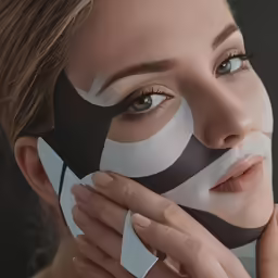 a woman with white painted on her face holds up a sheet in front of her face