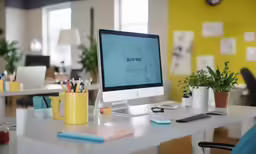 a desk has a computer on it in the middle of the office