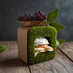 a moss box with grapes in it