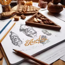 a table is covered with cookies, and drawings