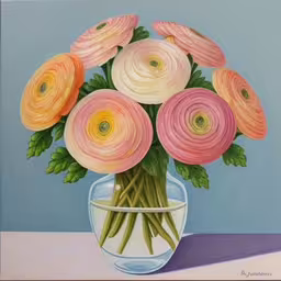 there are flowers in the vase on the table,a painting with many different colored flowers in a vase,a painting of a glass vase filled with pink and yellow flowers,a vase with pink and yellow flowers in it,pastel painting of flowers in vase on table