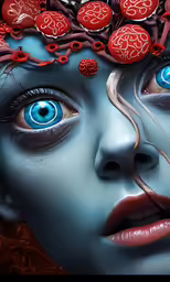 a woman with her eyes covered with buttons