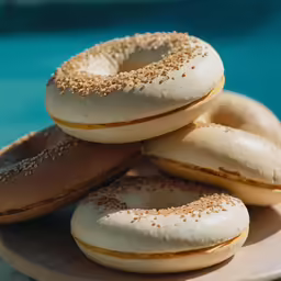 several donuts sitting on top of a plate near a swimming pool