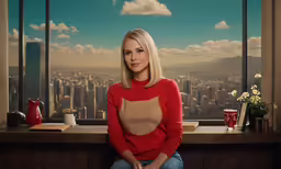 a woman sitting in front of a window in a room
