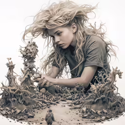 a girl with long hair has her hands on the ground and is surrounded by plants