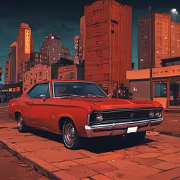 an old car parked on the side of the road in front of tall buildings,an old car parked on the side of the street