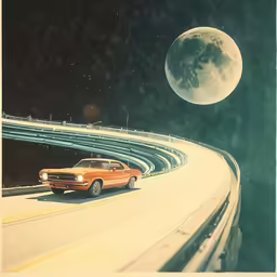 an old car drives down the road next to a half moon