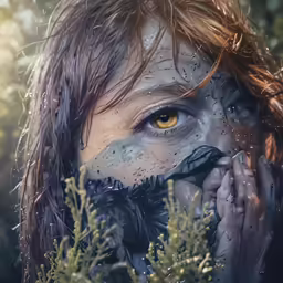 a woman covering her face with trees and water