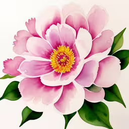 pink and white flower painting on paper with leaves,a watercolor drawing of a large flower