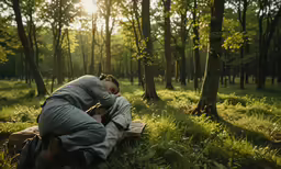 a man in the middle of the woods, kneeling and covering his head