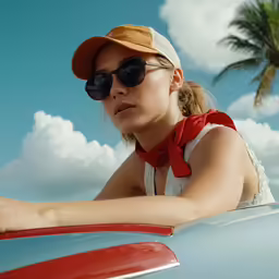 a girl wearing sunglasses and a red bandanna, leaning on the hood of a car